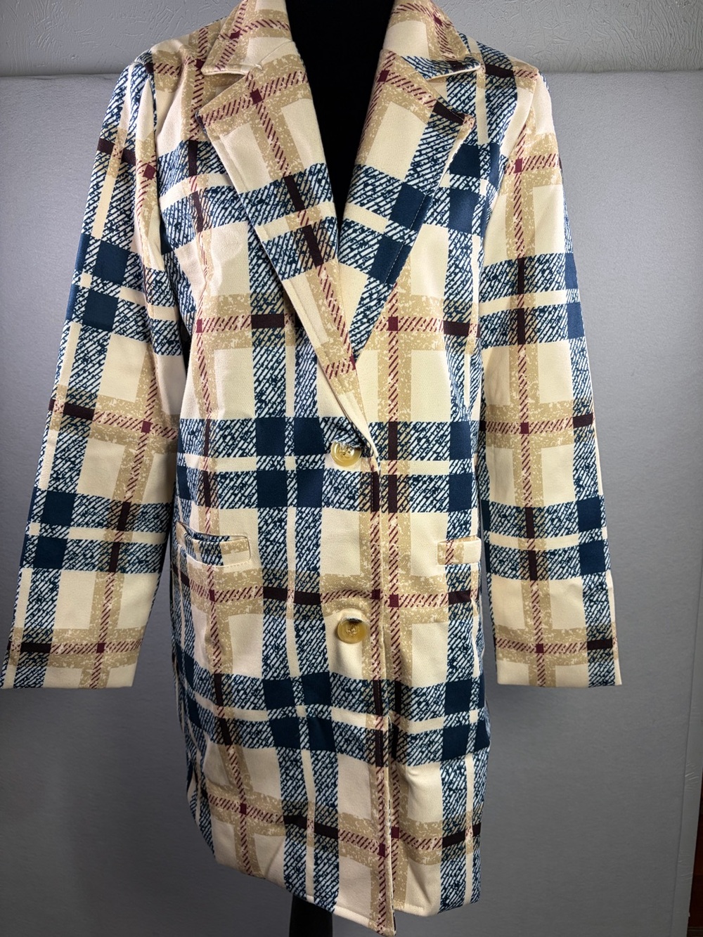 GYK Ivory & Navy Blue Plaid Longline Blazer Coat - Size Medium